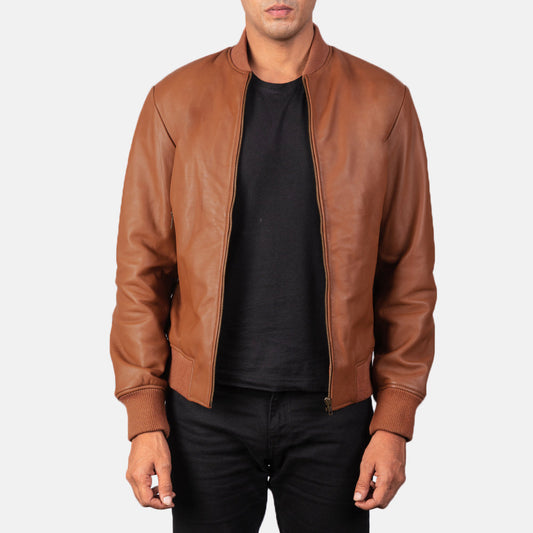 Shane Brown Leather Bomber Jacket - men's jacket in brown sheepskin leather, view 1