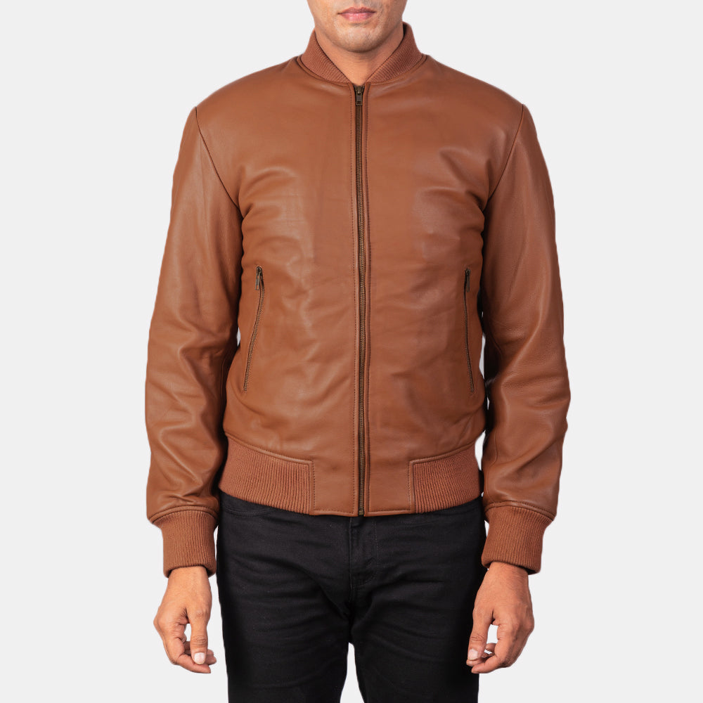 Shane Brown Leather Bomber Jacket - men's jacket in brown sheepskin leather, view 4