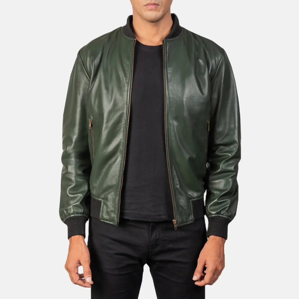 Shane Green Leather Bomber Jacket - men's jacket in green sheepskin leather, view 1
