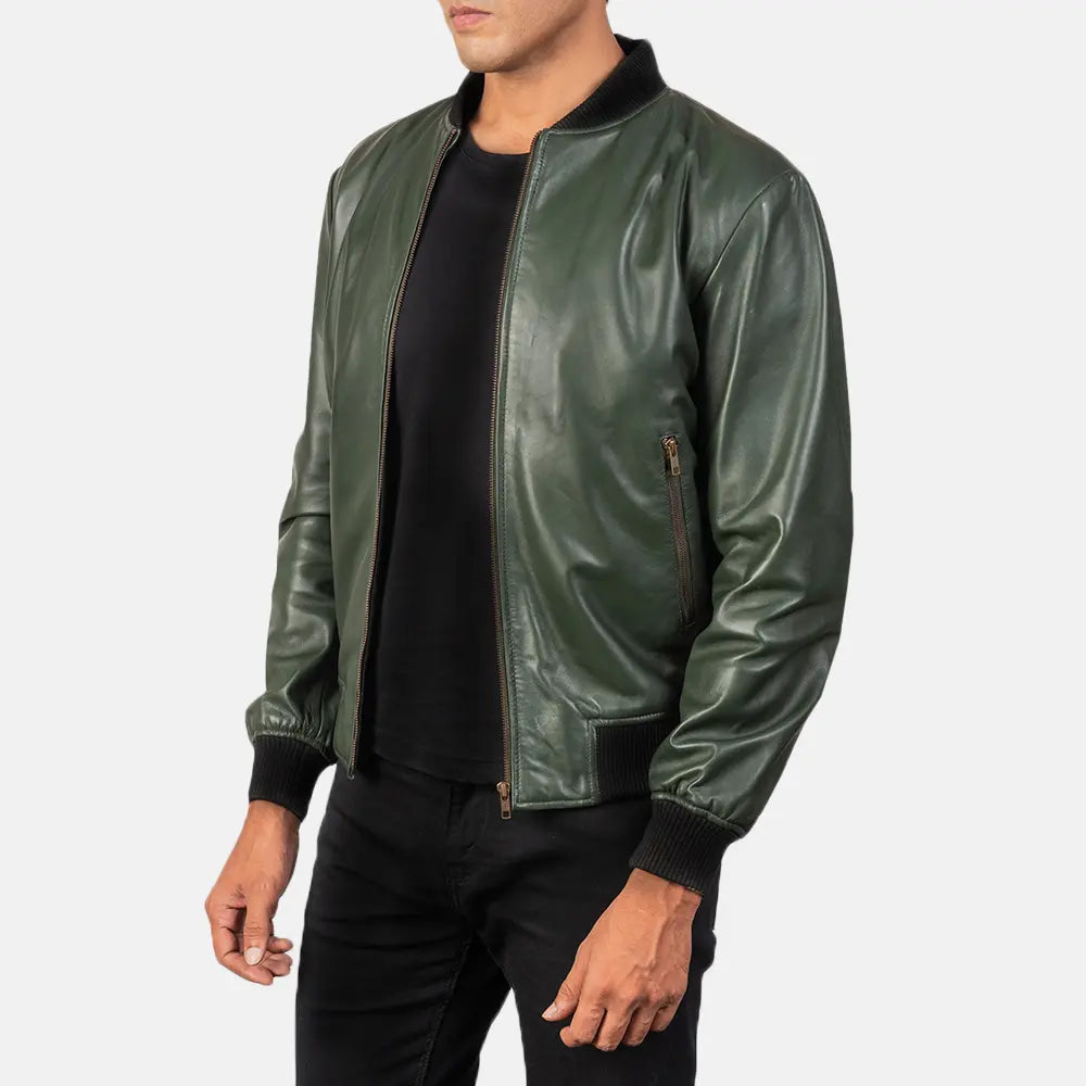 Shane Green Leather Bomber Jacket - men's jacket in green sheepskin leather, view 2