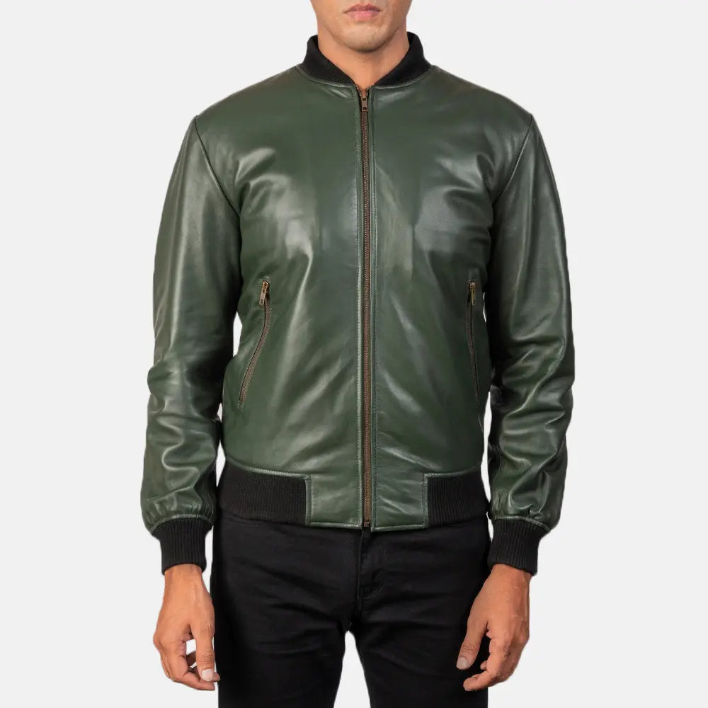 Shane Green Leather Bomber Jacket - men's jacket in green sheepskin leather, view 3