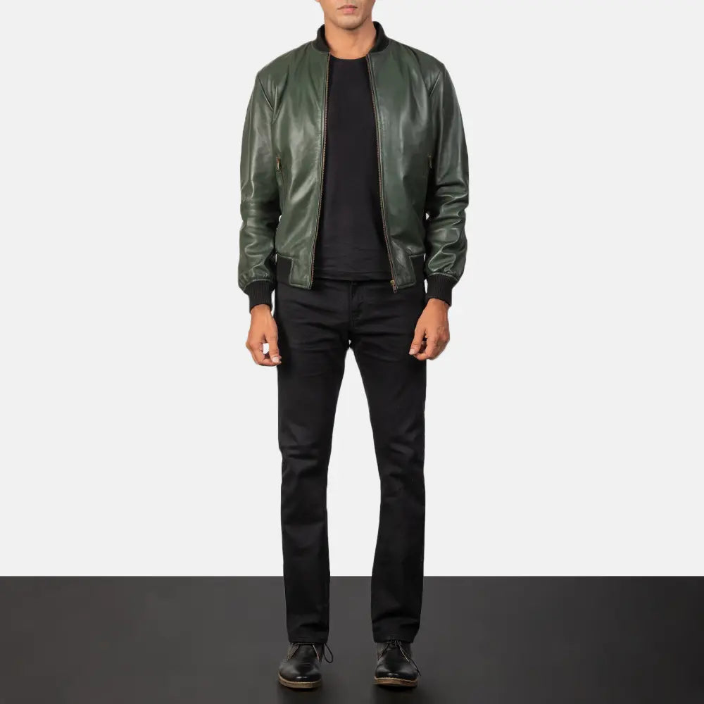 Shane Green Leather Bomber Jacket - men's jacket in green sheepskin leather, view 4