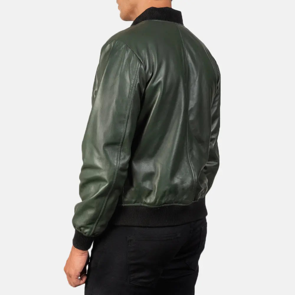Shane Green Leather Bomber Jacket - men's jacket in green sheepskin leather, view 5