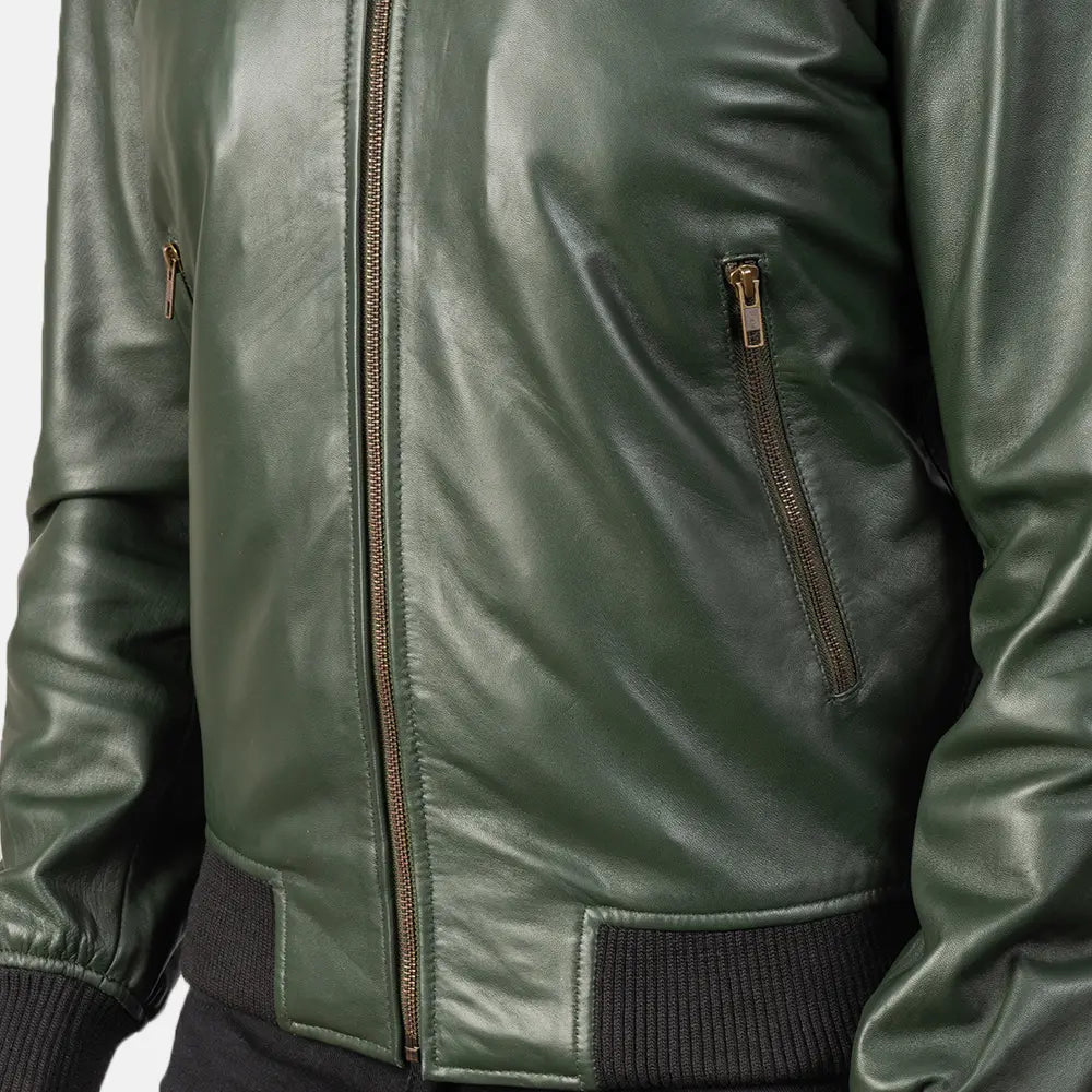 Shane Green Leather Bomber Jacket - men's jacket in green sheepskin leather, view 6