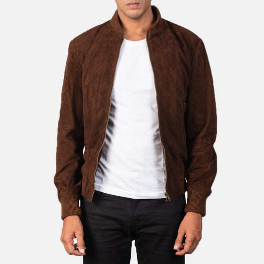 Shane Mocha Suede Bomber Jacket - men's jacket in mocha suede leather, view 1