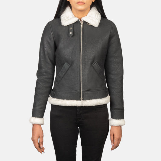 Sherilyn B-3 Black & White Leather Bomber Jacket - women's jacket in black & white sheepskin leather, view 1