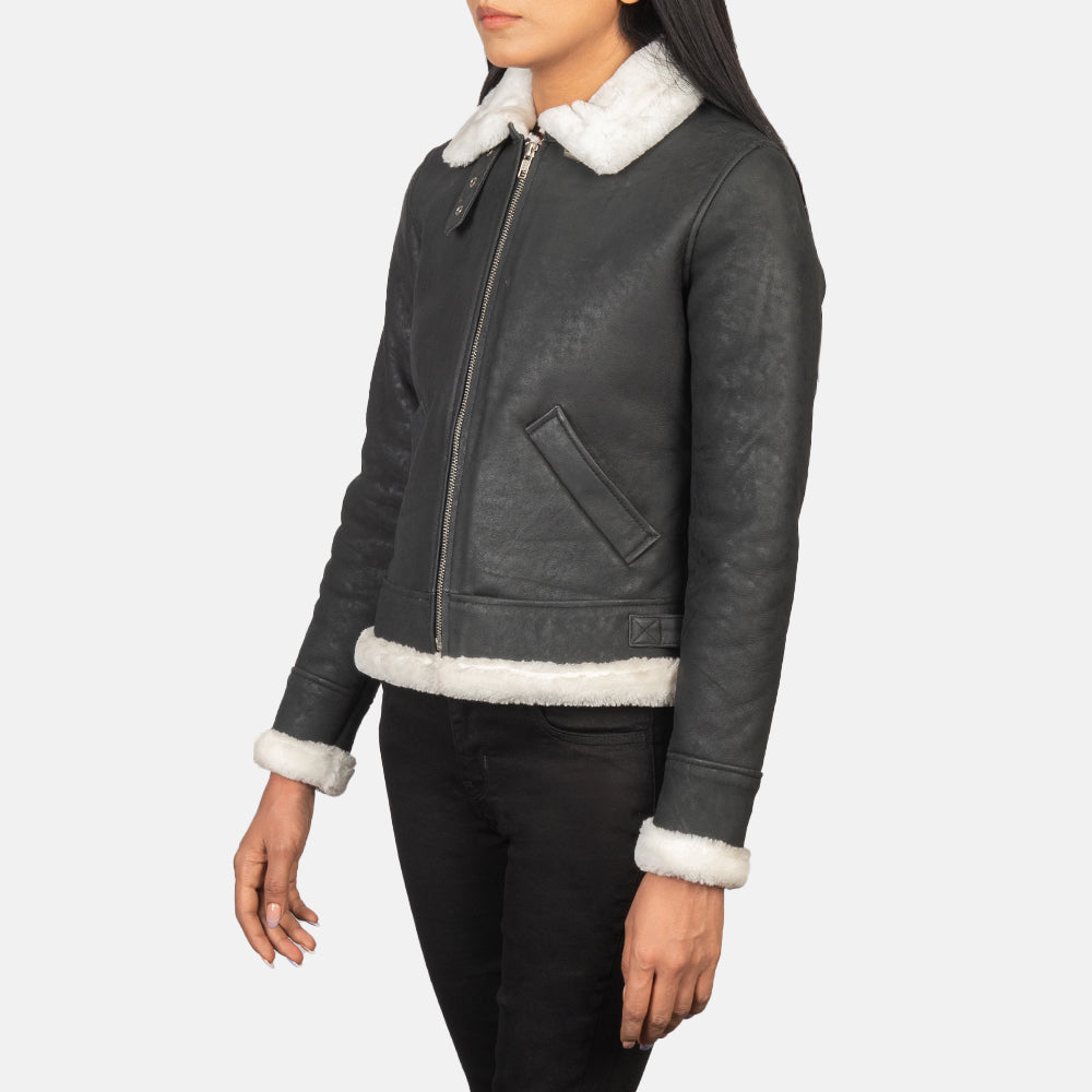 Sherilyn B-3 Black & White Leather Bomber Jacket - women's jacket in black & white sheepskin leather, view 2