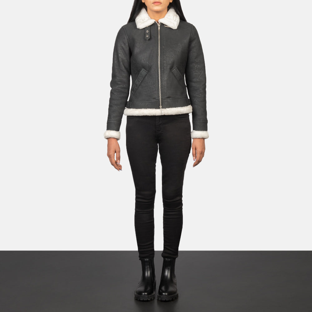 Sherilyn B-3 Black & White Leather Bomber Jacket - women's jacket in black & white sheepskin leather, view 3