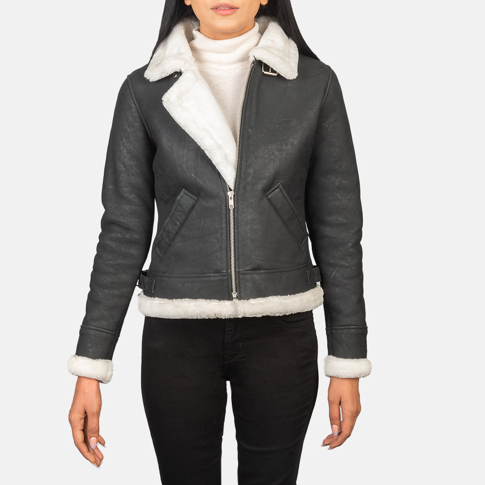 Sherilyn B-3 Black & White Leather Bomber Jacket - women's jacket in black & white sheepskin leather, view 4