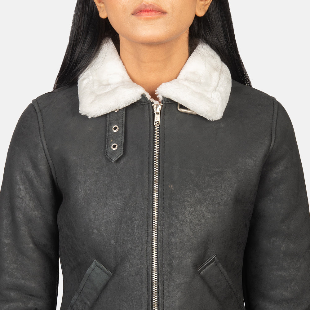 Sherilyn B-3 Black & White Leather Bomber Jacket - women's jacket in black & white sheepskin leather, view 6