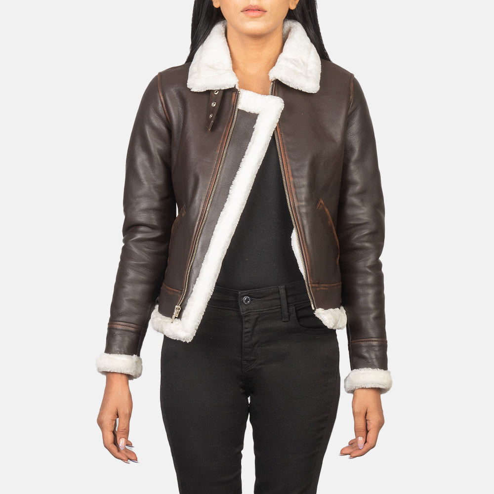Brex Sherilyn B-3 Brown Leather Bomber Jacket - women's jacket in brown goatskin leather, view 1