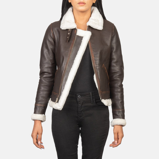 Brex Sherilyn B-3 Brown Leather Bomber Jacket - women's jacket in brown goatskin leather, view 1