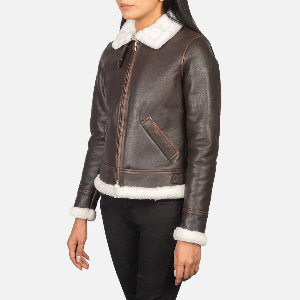 Brex Sherilyn B-3 Brown Leather Bomber Jacket - women's jacket in brown goatskin leather, view 2
