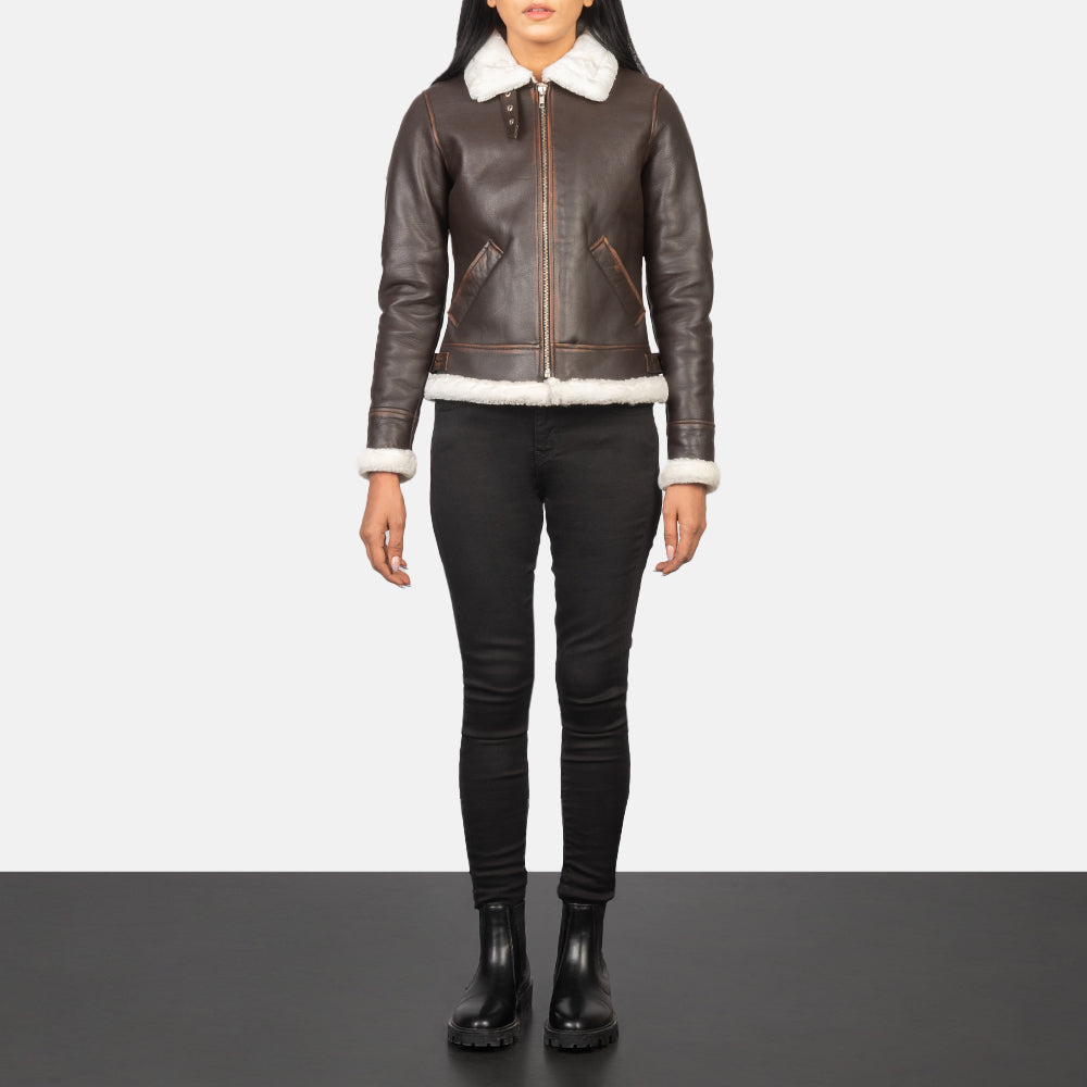Brex Sherilyn B-3 Brown Leather Bomber Jacket - women's jacket in brown goatskin leather, view 3