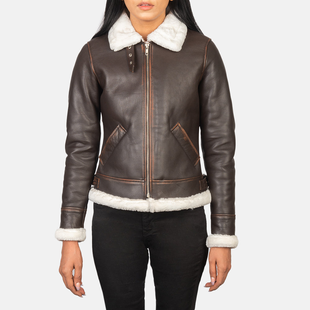 Brex Sherilyn B-3 Brown Leather Bomber Jacket - women's jacket in brown goatskin leather, view 4