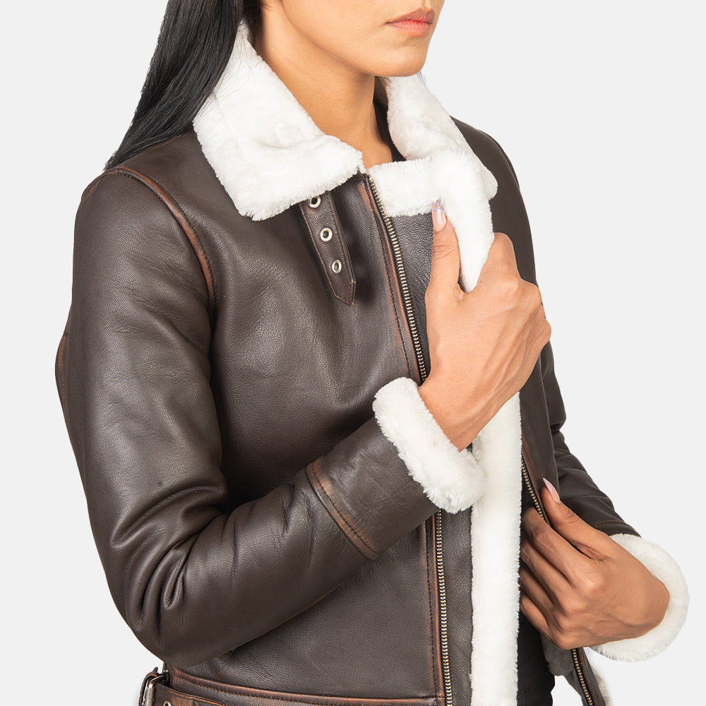 Brex Sherilyn B-3 Brown Leather Bomber Jacket - women's jacket in brown goatskin leather, view 6