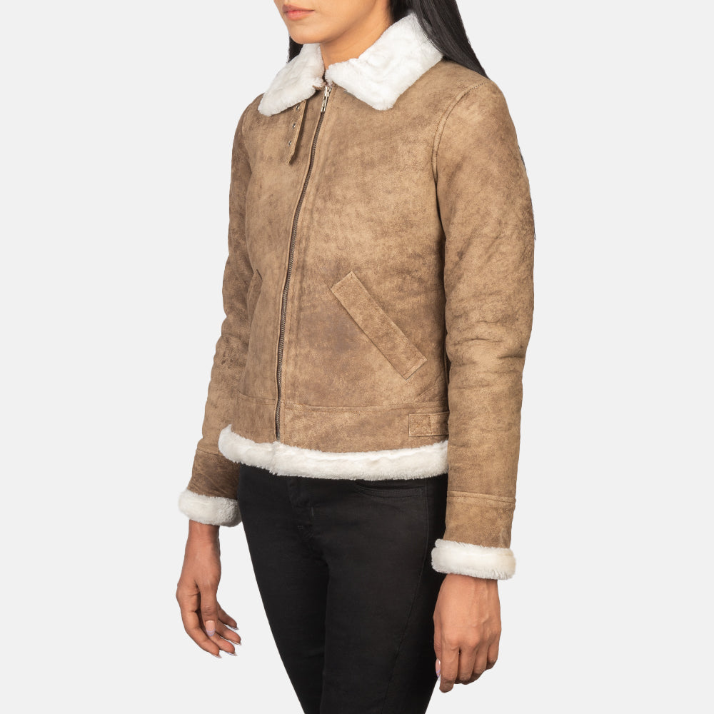 Sherilyn B-3 Distressed Brown Leather Bomber Jacket - women's jacket in brown sheepskin leather, view 2