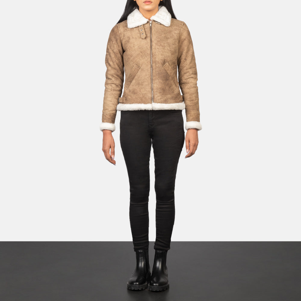 Sherilyn B-3 Distressed Brown Leather Bomber Jacket - women's jacket in brown sheepskin leather, view 3