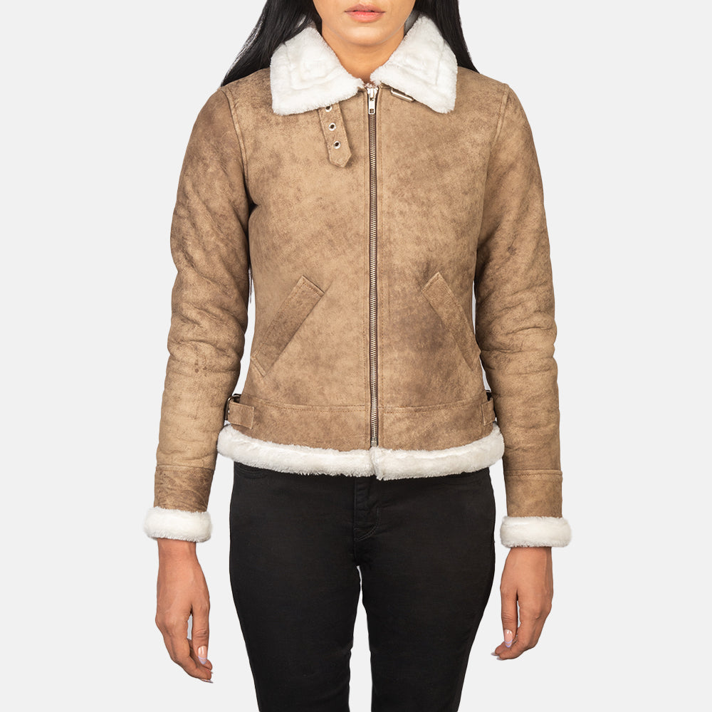 Sherilyn B-3 Distressed Brown Leather Bomber Jacket - women's jacket in brown sheepskin leather, view 4