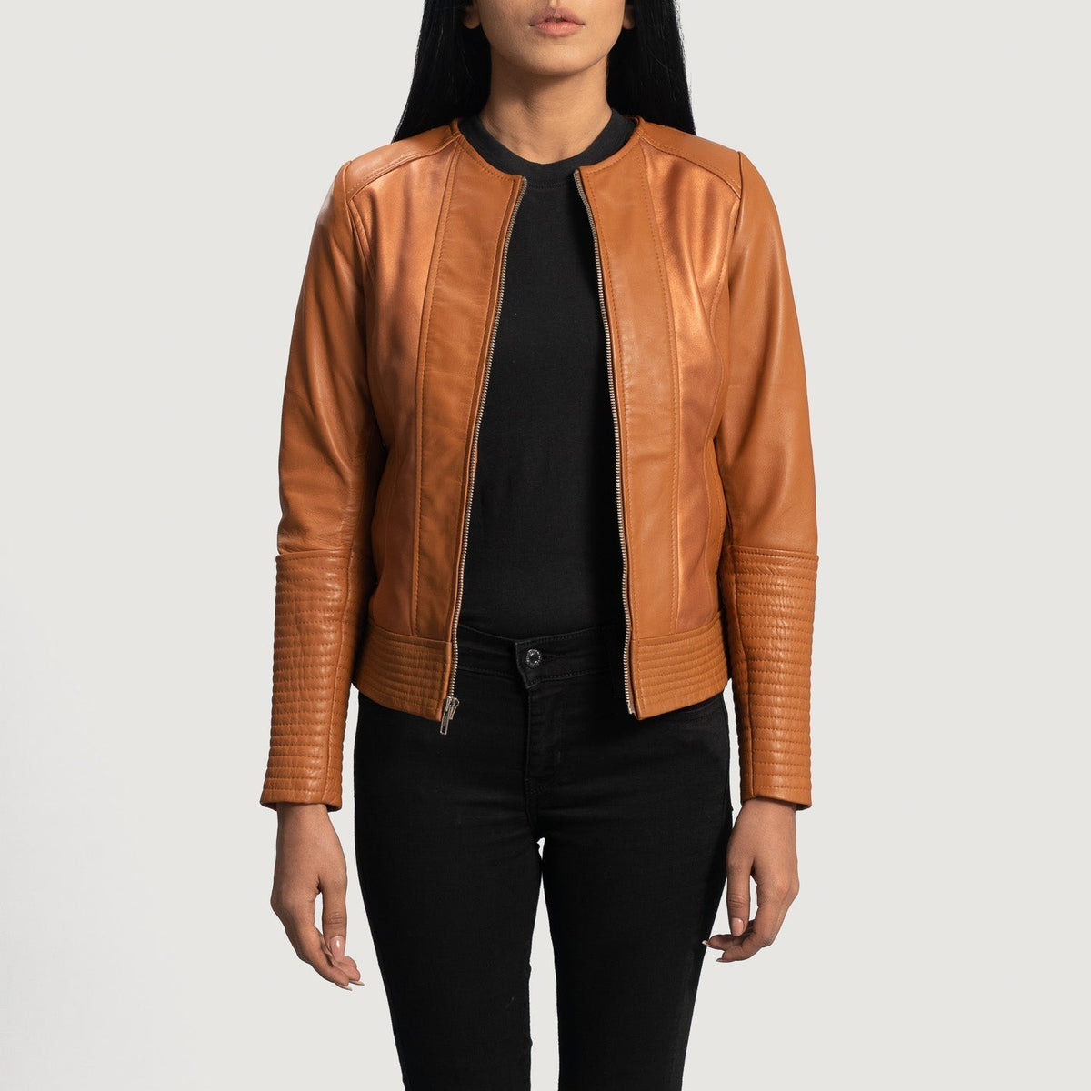 Sleeky Clean Tan Leather Biker Jacket - women's jacket in tan sheepskin leather, view 1