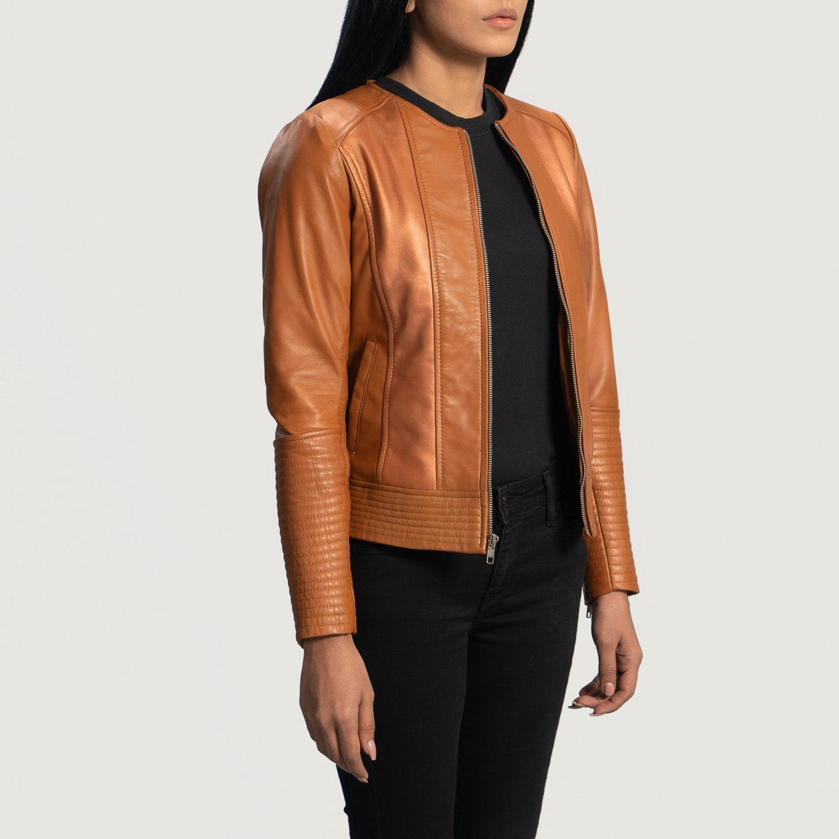 Sleeky Clean Tan Leather Biker Jacket - women's jacket in tan sheepskin leather, view 2