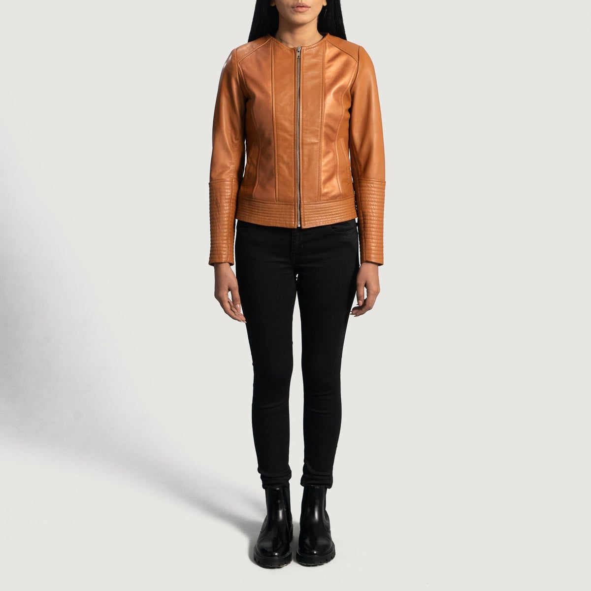 Sleeky Clean Tan Leather Biker Jacket - women's jacket in tan sheepskin leather, view 3