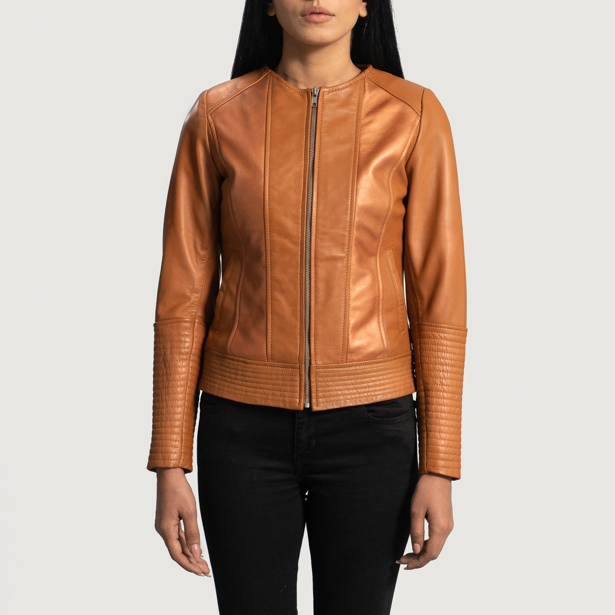 Sleeky Clean Tan Leather Biker Jacket - women's jacket in tan sheepskin leather, view 4