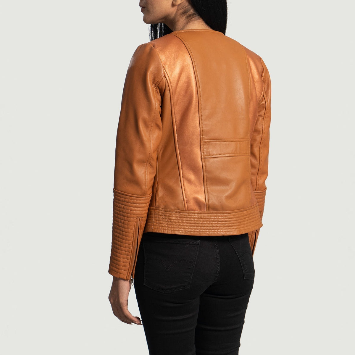 Sleeky Clean Tan Leather Biker Jacket - women's jacket in tan sheepskin leather, view 5