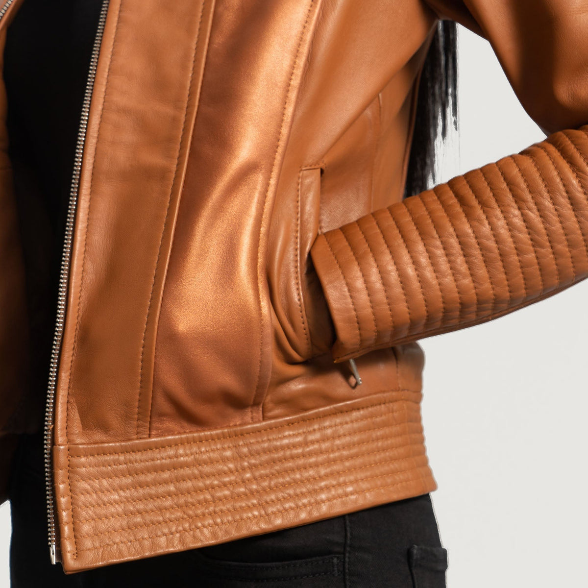 Sleeky Clean Tan Leather Biker Jacket - women's jacket in tan sheepskin leather, view 6
