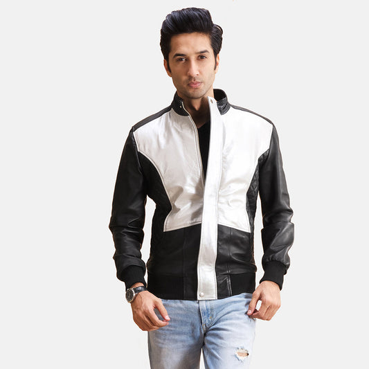 Spade Silver Black Leather Bomber Jacket - men's jacket in black & silver sheepskin leather, view 1