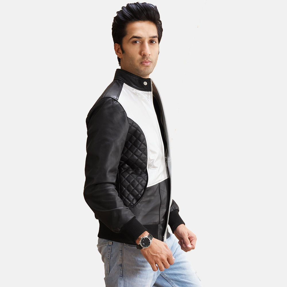 Spade Silver Black Leather Bomber Jacket - men's jacket in black & silver sheepskin leather, view 2