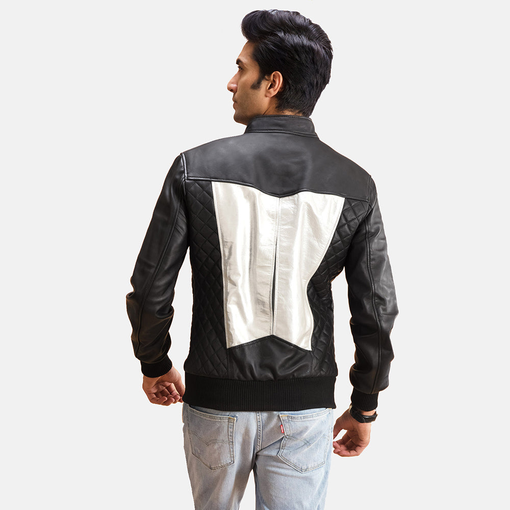 Spade Silver Black Leather Bomber Jacket - men's jacket in black & silver sheepskin leather, view 3