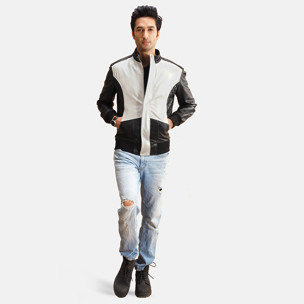 Spade Silver Black Leather Bomber Jacket - men's jacket in black & silver sheepskin leather, view 4