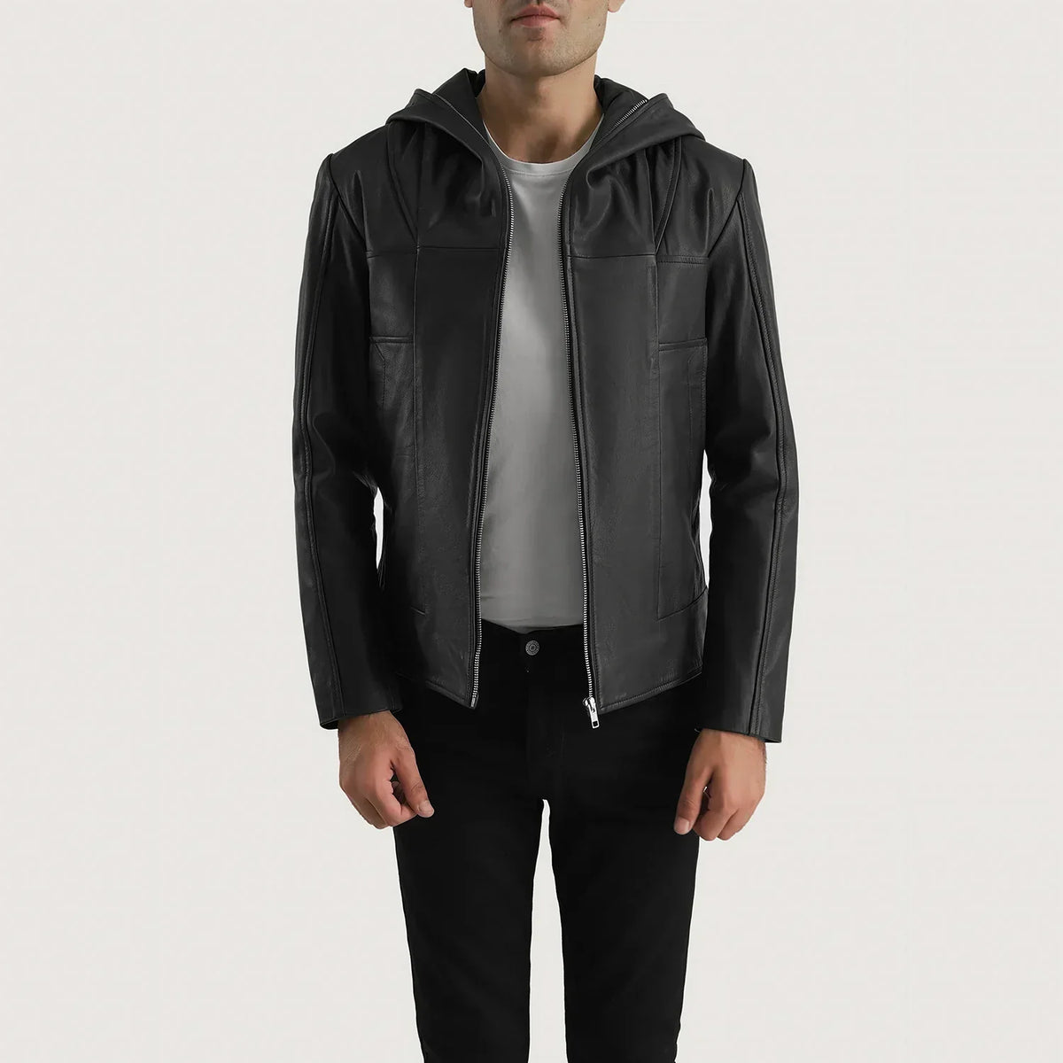 Spratt Black Hooded Leather Jacket - men's jacket in black goatskin leather, view 1