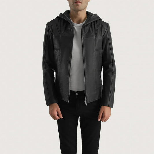 Spratt Black Hooded Leather Jacket - men's jacket in black goatskin leather, view 1