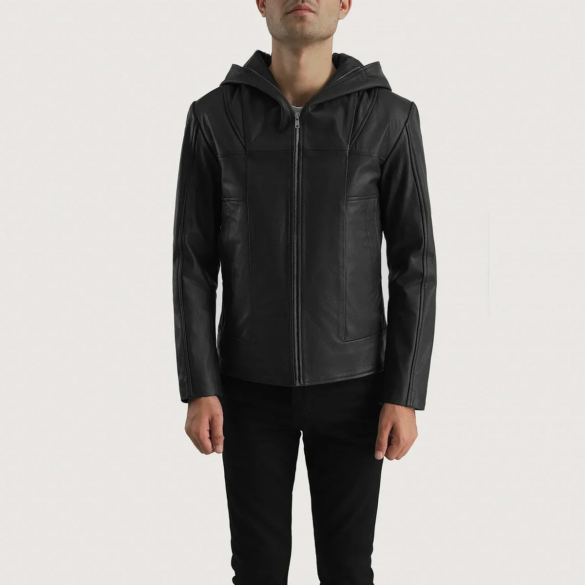 Spratt Black Hooded Leather Jacket - men's jacket in black goatskin leather, view 2
