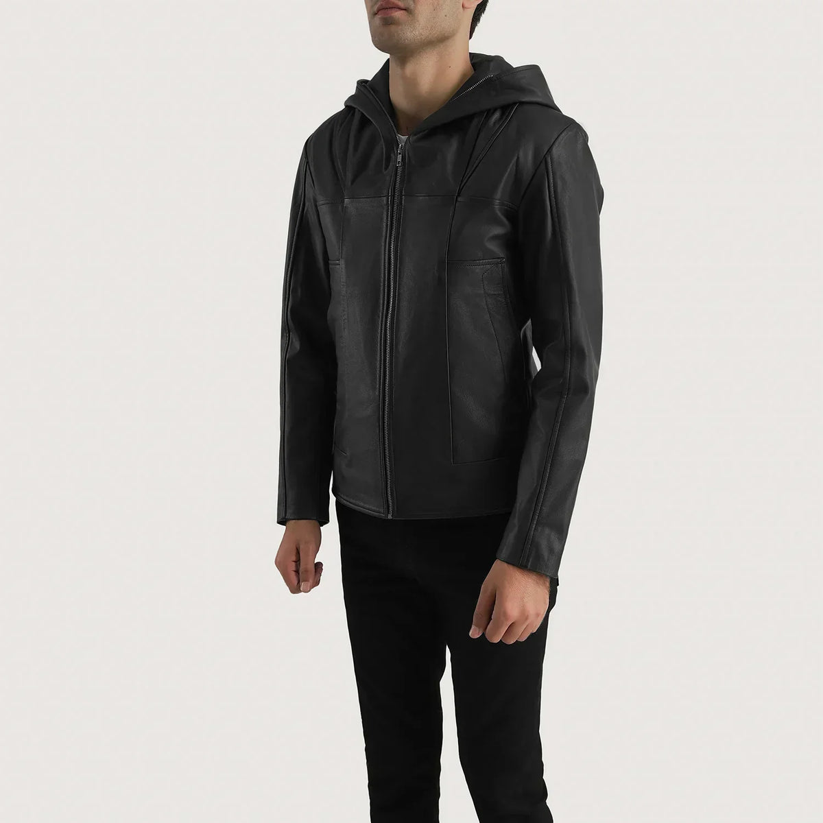 Spratt Black Hooded Leather Jacket - men's jacket in black goatskin leather, view 3