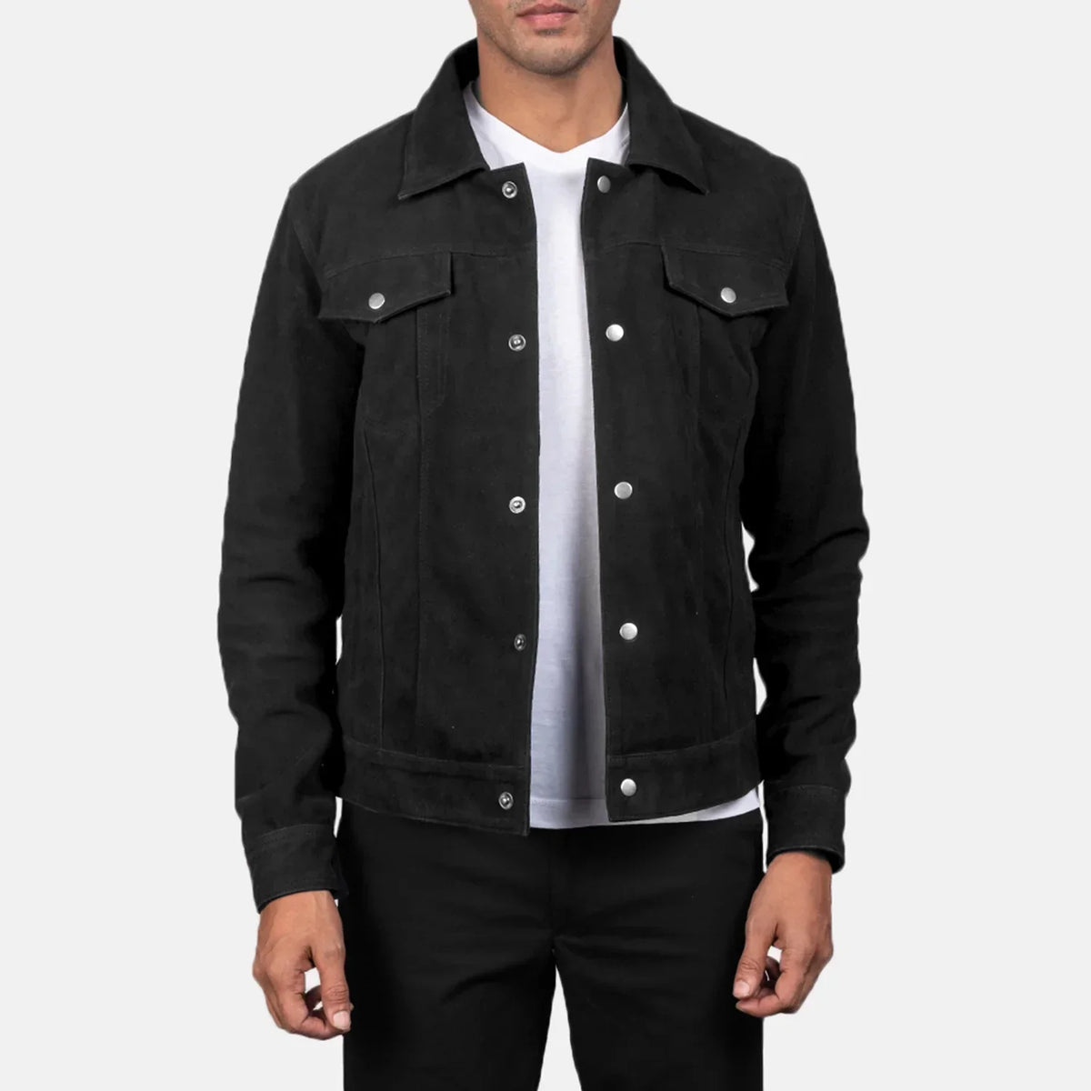 Stallon Black Suede Trucker Jacket - men's jacket in black suede leather, view 1