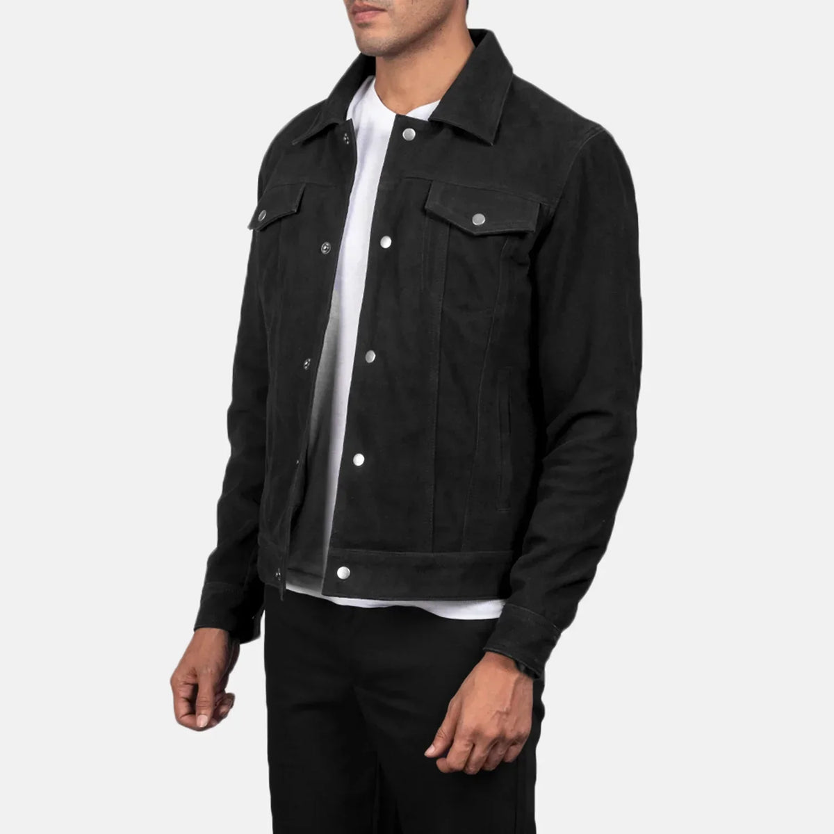 Stallon Black Suede Trucker Jacket - men's jacket in black suede leather, view 2