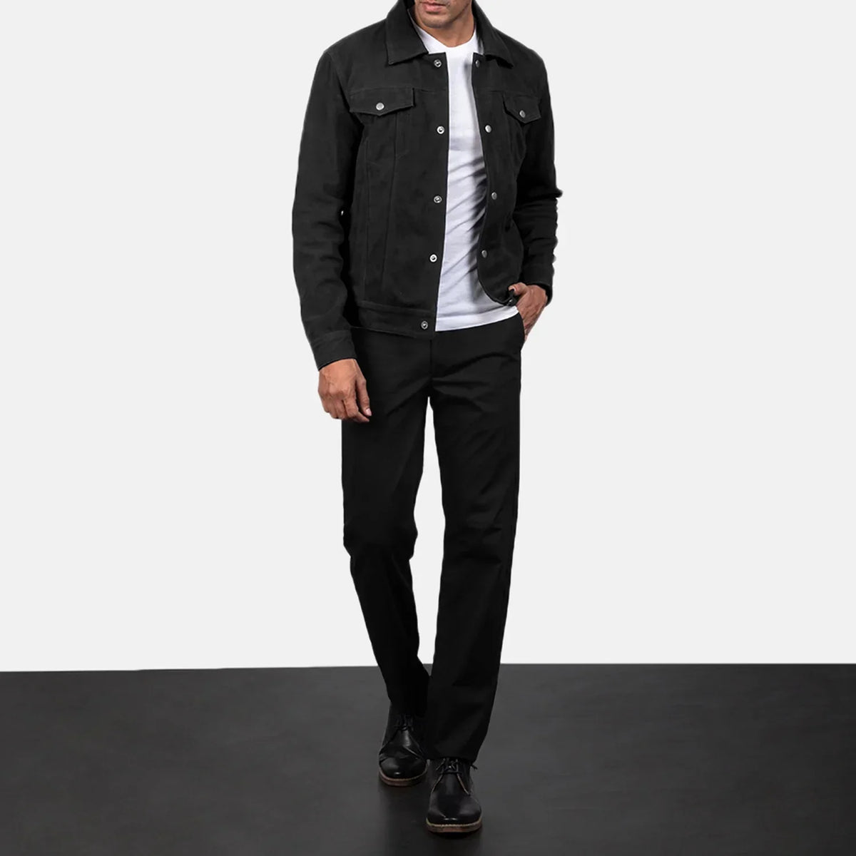 Stallon Black Suede Trucker Jacket - men's jacket in black suede leather, view 3