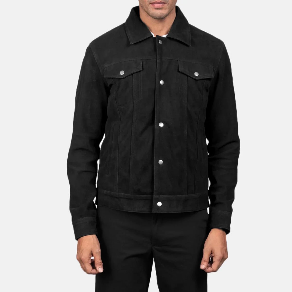 Stallon Black Suede Trucker Jacket - men's jacket in black suede leather, view 4