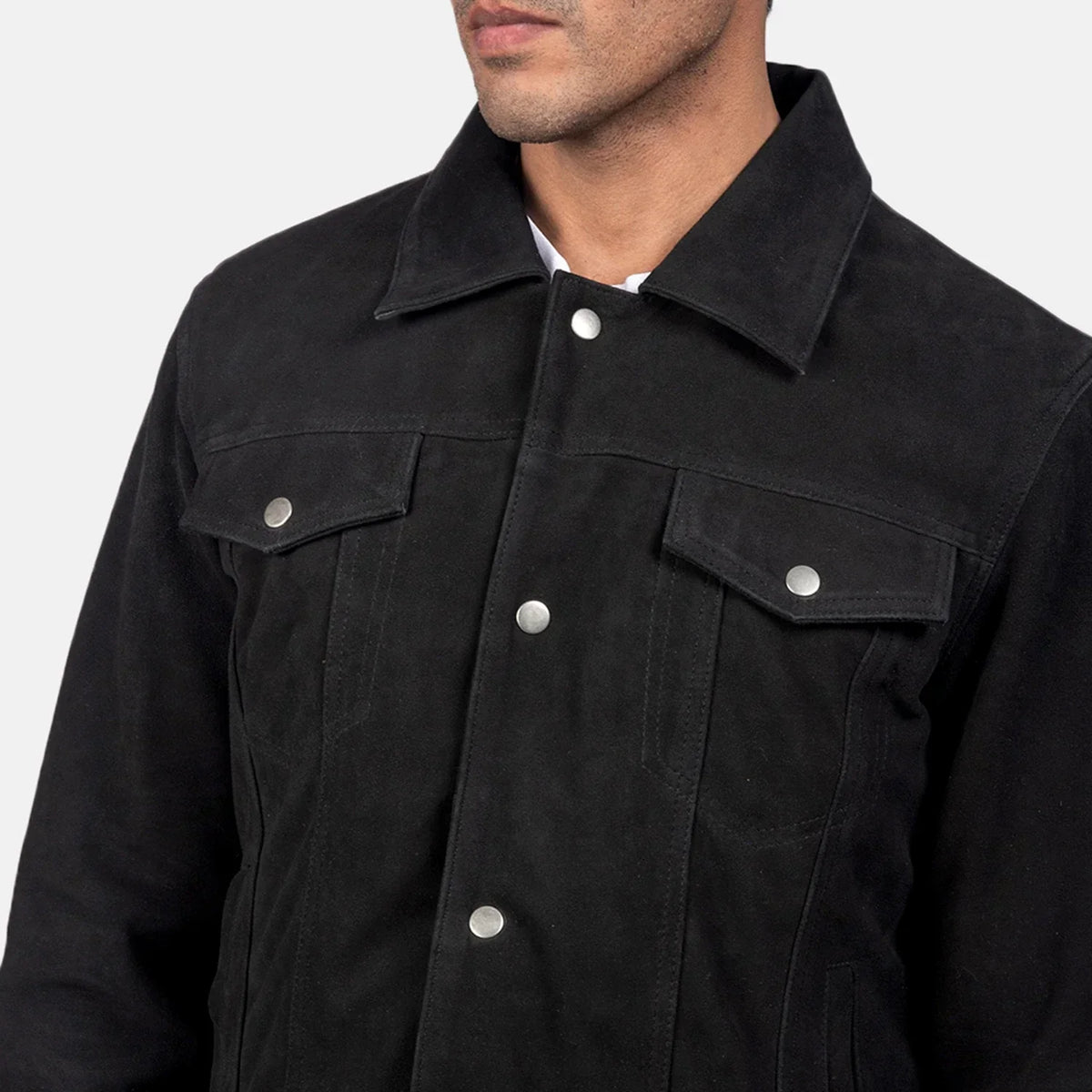 Stallon Black Suede Trucker Jacket - men's jacket in black suede leather, view 6