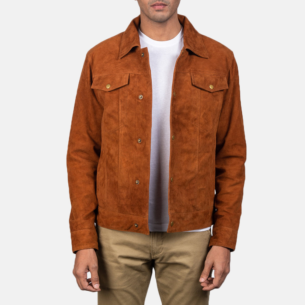 Stallon Brown Suede Trucker Jacket - men's jacket in brown suede leather, view 1