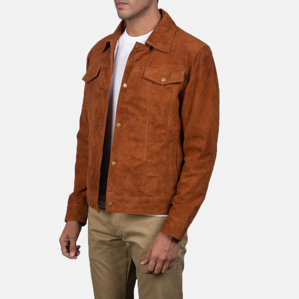 Stallon Brown Suede Trucker Jacket - men's jacket in brown suede leather, view 2