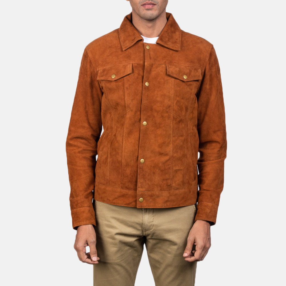 Stallon Brown Suede Trucker Jacket - men's jacket in brown suede leather, view 3