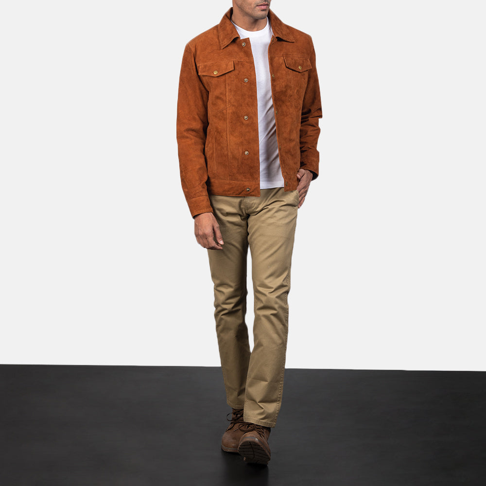 Stallon Brown Suede Trucker Jacket - men's jacket in brown suede leather, view 4