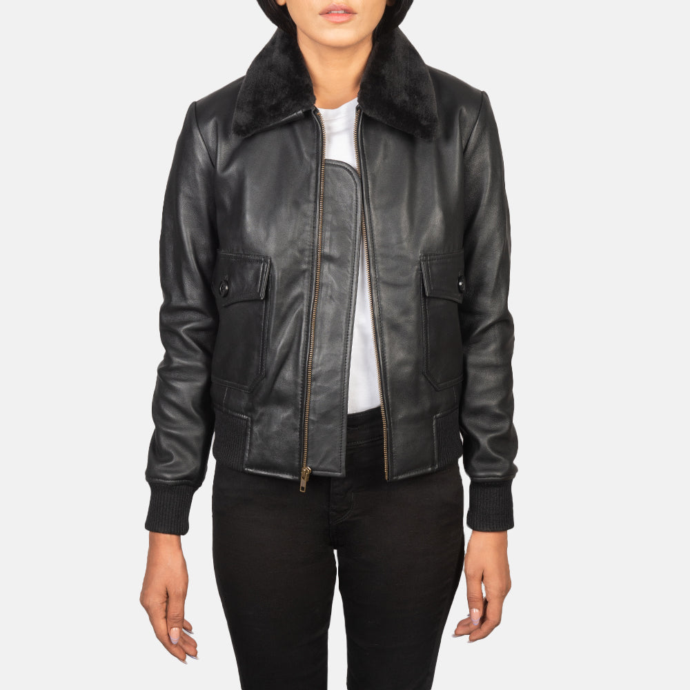 Stella G-1 Black Leather Bomber Jacket - women's jacket in black sheepskin leather, view 1
