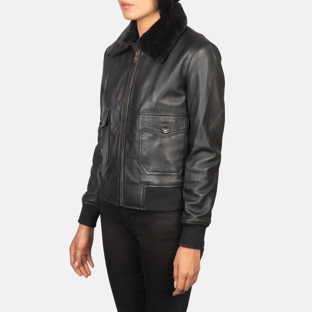 Stella G-1 Black Leather Bomber Jacket - women's jacket in black sheepskin leather, view 2