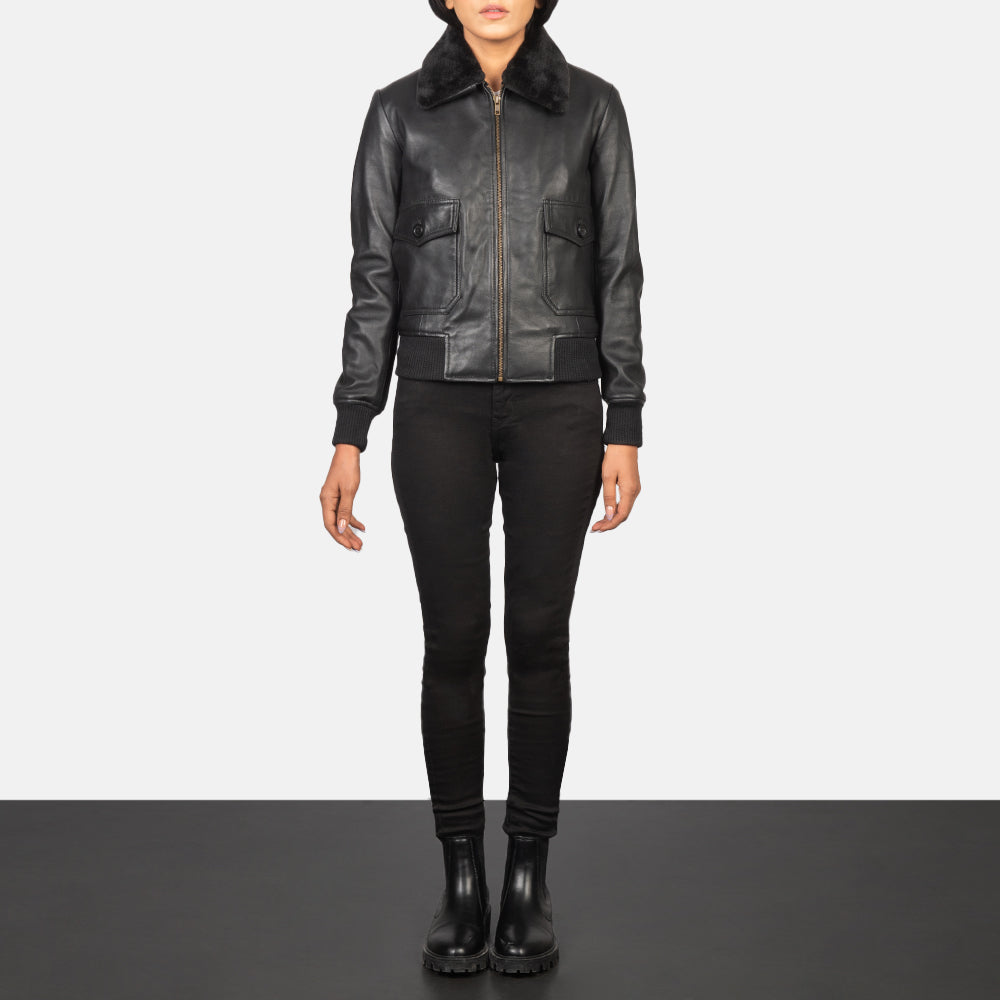 Stella G-1 Black Leather Bomber Jacket - women's jacket in black sheepskin leather, view 3