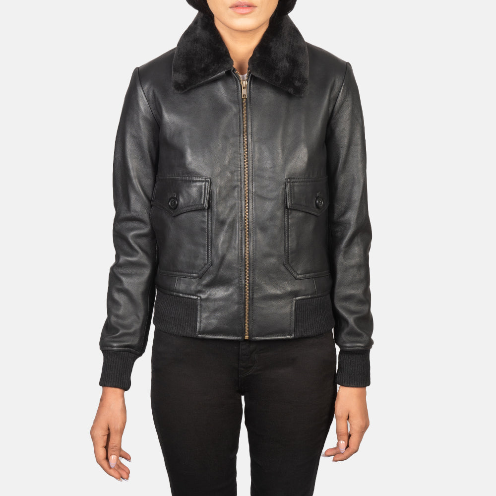Stella G-1 Black Leather Bomber Jacket - women's jacket in black sheepskin leather, view 4